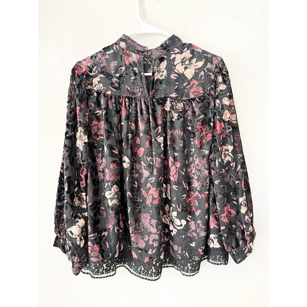 ANTHROPOLOGIE FLORAL BURNOUT CUT VELVET Boxy BISHOP SLEEVE BLOUSE TOP Medium - Picture 15 of 15